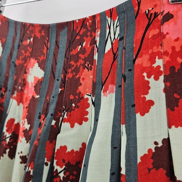 J. Peterman Midi Skirt 12 Wool Lined Pleated Tree Print Gray Red Preppy Fairy - Picture 4 of 12